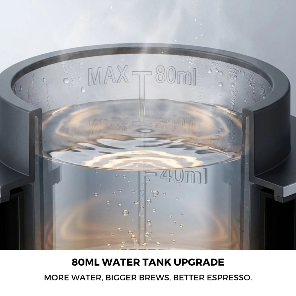 80ml water tank upgrade for coffee machine with text 'More water, bigger brews, better espresso.'