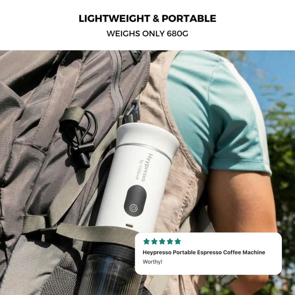 Heypresso 2.0 portable espresso coffee machine in a backpack outdoors