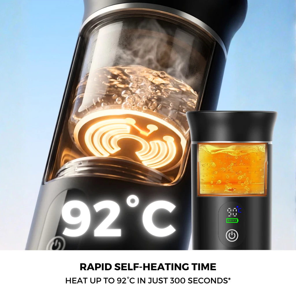 Hot water in a coffee machine with digital display and text indicating rapid self-heating time.