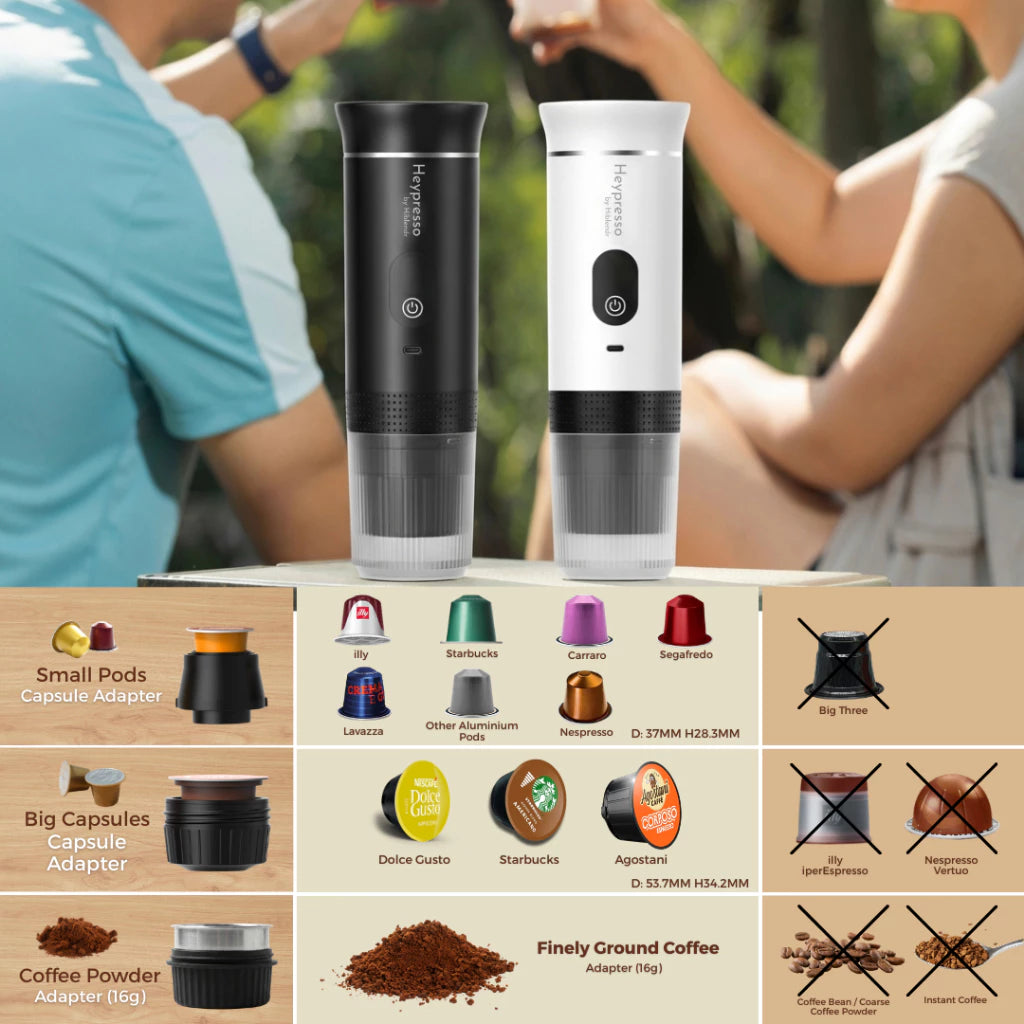 Two portable coffee machine Heypresso 2.0 with a display of different coffee capsule types.