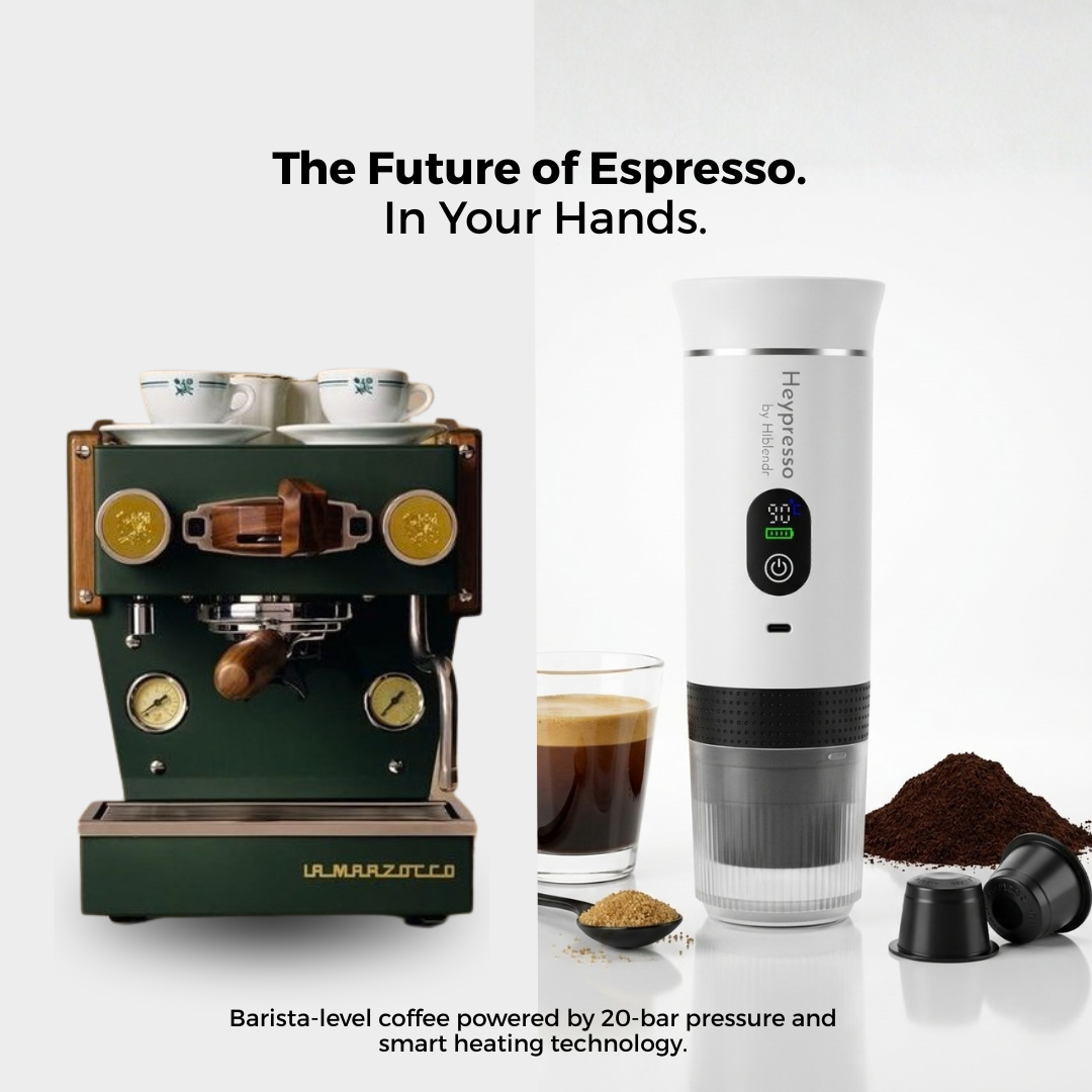 Coffee machine, coffee cup, and coffee press with text 'The Future of Espresso. In Your Hands.'