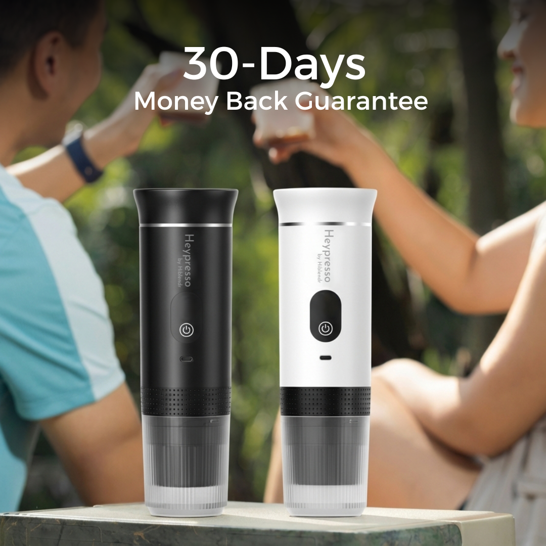 Two black and white electric portable coffee machine on a table with people in the background, featuring a 30-day money-back guarantee text.