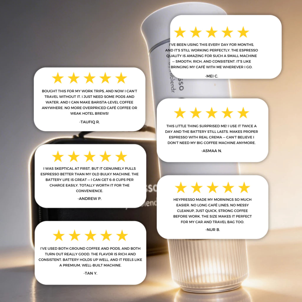 Coffee machine with five-star reviews displayed on a gradient background